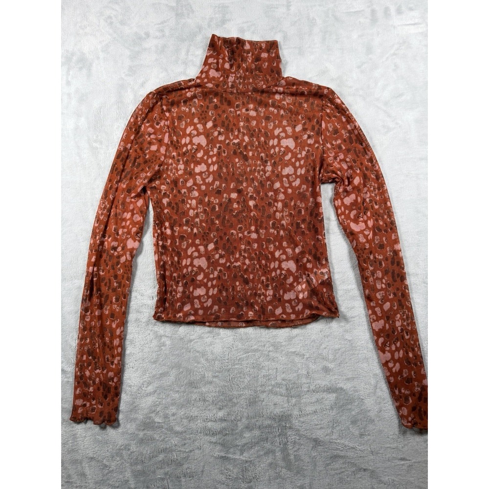 Jolie & Joy Women Medium Sheer Mesh Turtleneck Top Rust Orange Animal Print Y2K